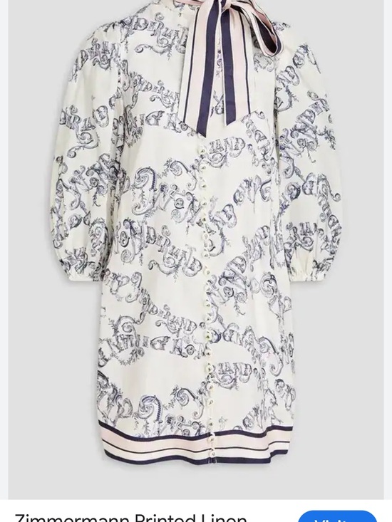 Zimmermann Dresses & Skirts - Zimmermann Cream Mini Dress with Navy Scroll Print and Striped Tie-Neck